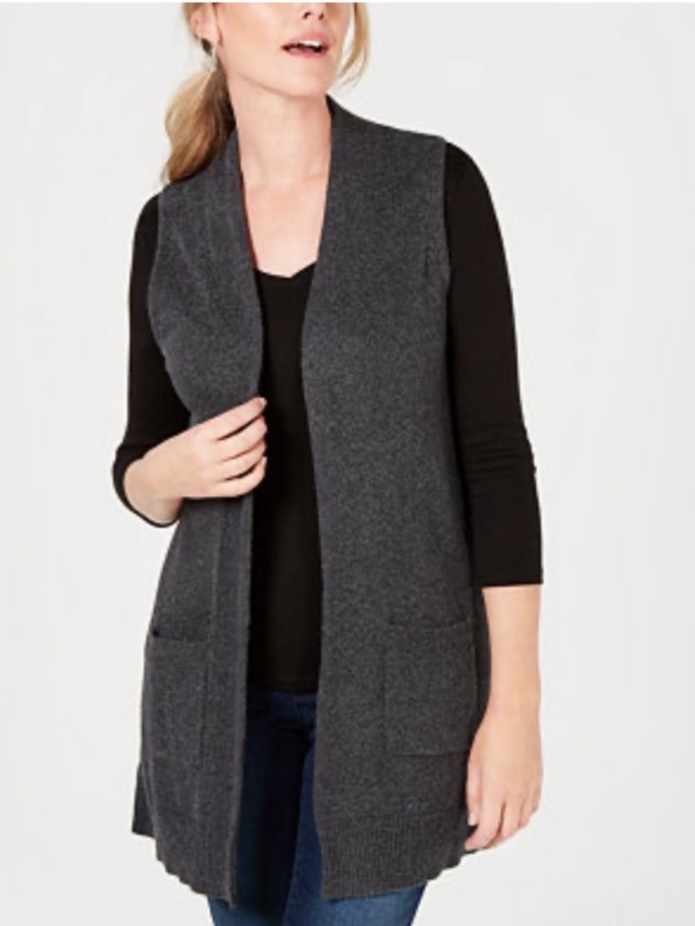 Tahari Charcoal Gray 100% Superfine Merino Wool Open-Front Duster Sweater Vest M